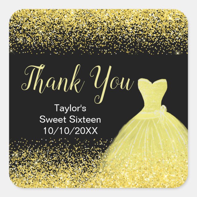 Bright Yellow Dress Faux Glitter Sweet 16 Birthday Square Sticker (Front)