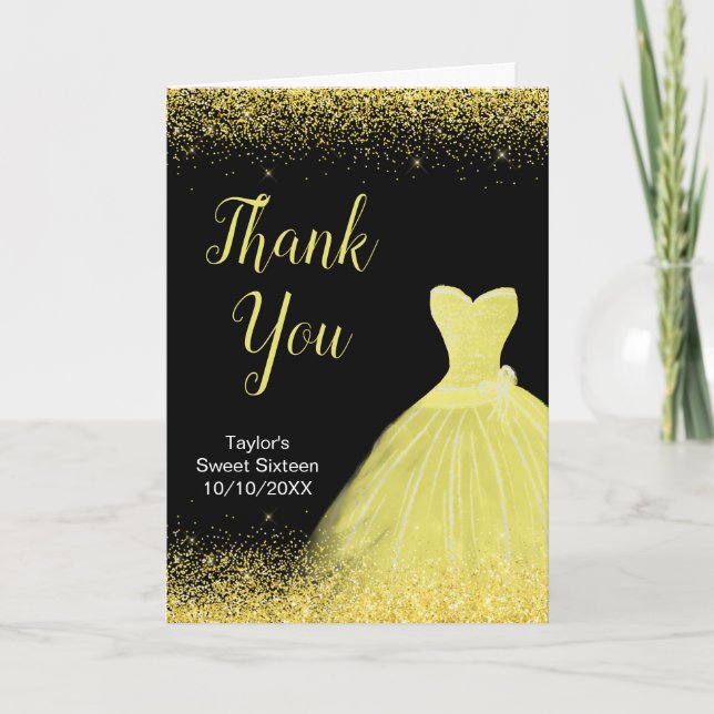 Bright Yellow Dress Faux Glitter Sweet 16 Birthday Thank You Card (Front)