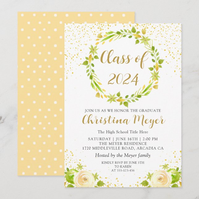 Bright Yellow Floral Garden Graduation Party Invitation (Front/Back)