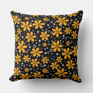 Bright yellow floral pattern on black background w cushion