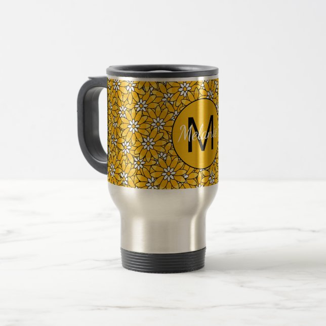 Bright Yellow Floral Pattern Personalised Travel Mug (Front Left)