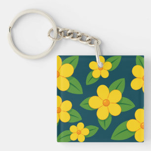 Bright Yellow Floral Pattern with Green Leaves Key Ring