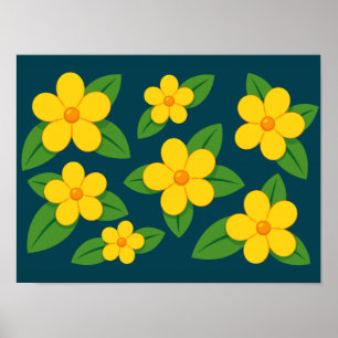 Bright Yellow Floral Pattern with Green Leaves Poster