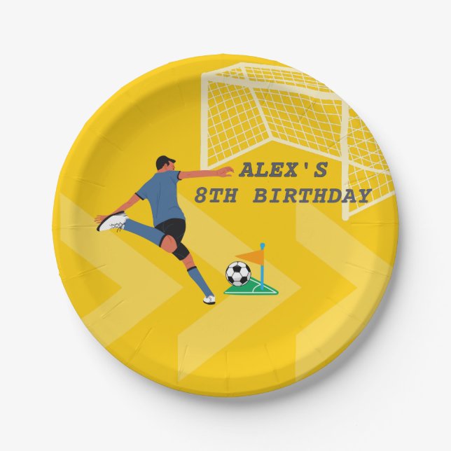 Bright Yellow Fun Soccer Player Goal Birthday Paper Plate (Front)
