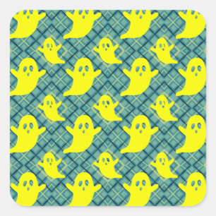 Bright Yellow Ghosts on Teal Plaid Square Sticker
