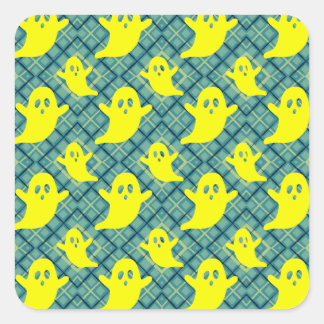 Bright Yellow Ghosts on Teal Plaid Square Sticker