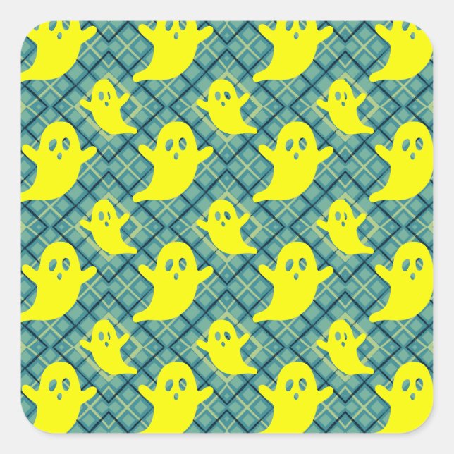 Bright Yellow Ghosts on Teal Plaid Square Sticker (Front)