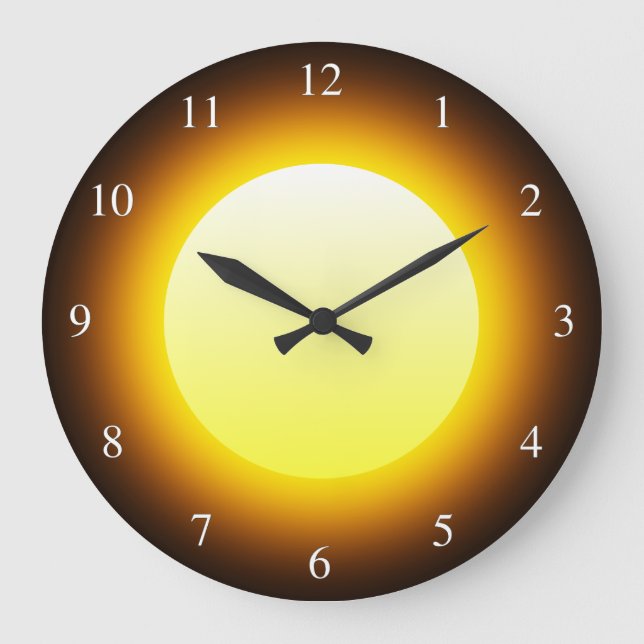 Bright Yellow Glowing Sun on Black Small Numbers Large Clock (Front)
