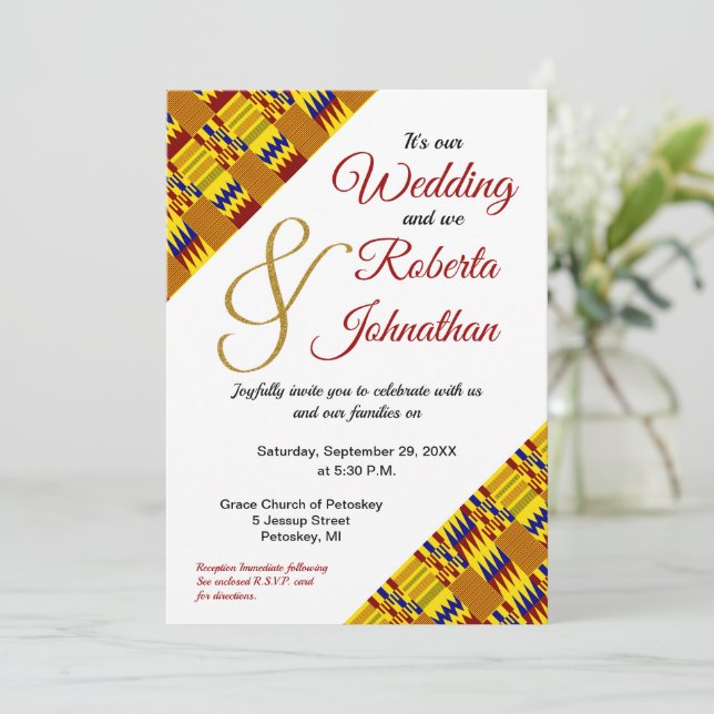 Bright Yellow Gold Burgundy African Kente K29 Invitation (Standing Front)
