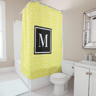 Bright Yellow Greek Key Black White Monogram Shower Curtain