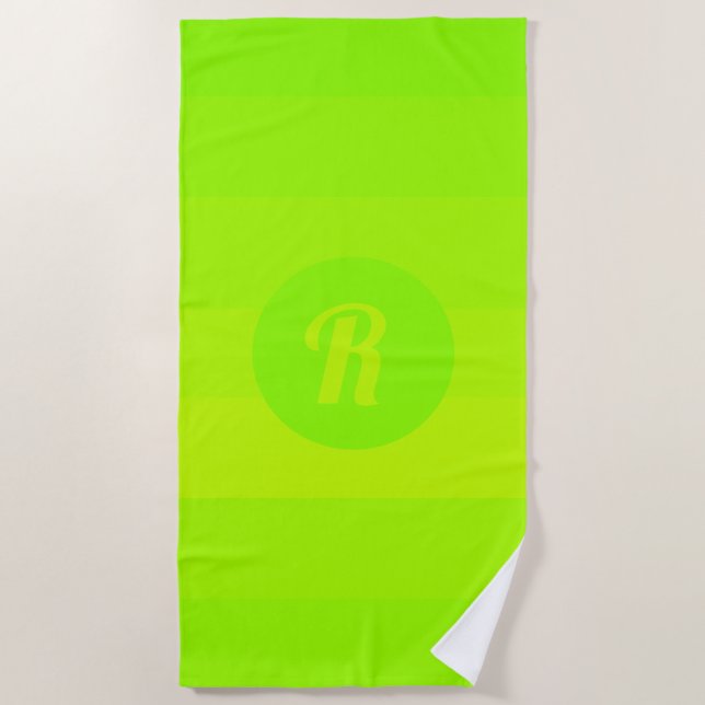 Bright Yellow Green Monogrammed Striped Pattern Beach Towel (Front)