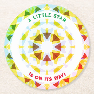 Bright Yellow Green Star Gender Reveal Baby Shower Round Paper Coaster