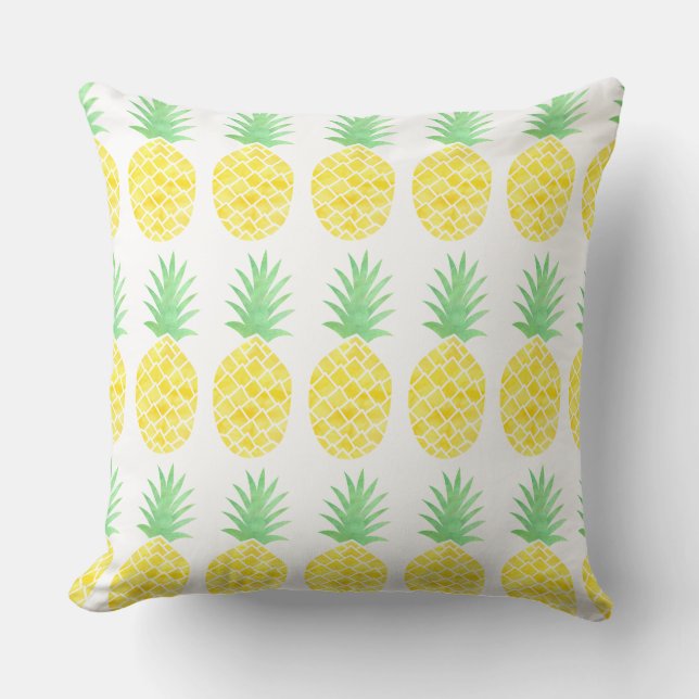 Bright Yellow & Green Watercolor Pineapple Pattern Cushion (Front)