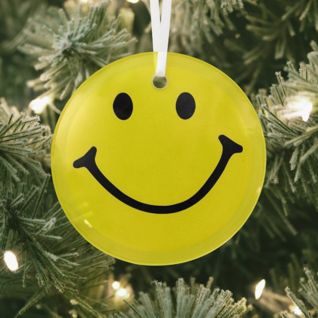 Bright Yellow Happy Smiling Face  Glass Tree Decoration (Insitu)