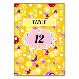 Bright yellow kids fun bubbles circles birthday cu table number
