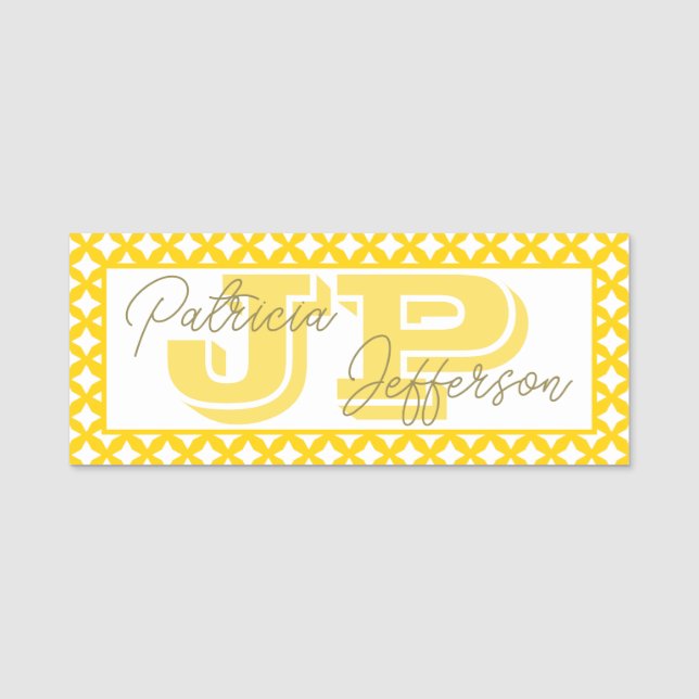 Bright Yellow Lattice Pattern Monogram Script Name Tag (Front)