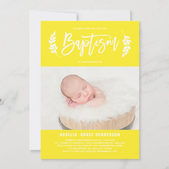 Bright Yellow Laurel Wreath Baby Photo Baptism Invitation (Front)