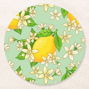 bright yellow lemons round paper coaster