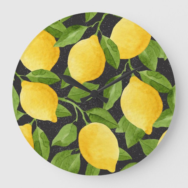Bright Yellow Lemons Watercolor Seamless Large Clock (Front)