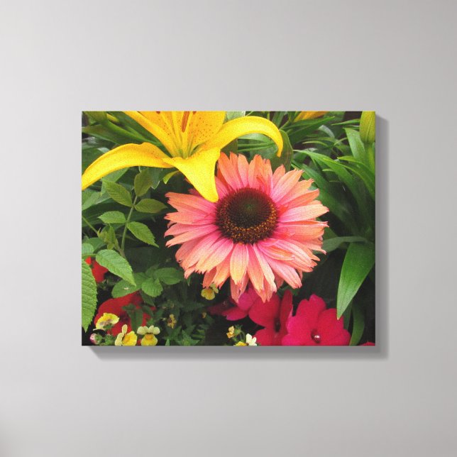 Bright Yellow Lilies With Pink Coneflower Canvas Print (Front)