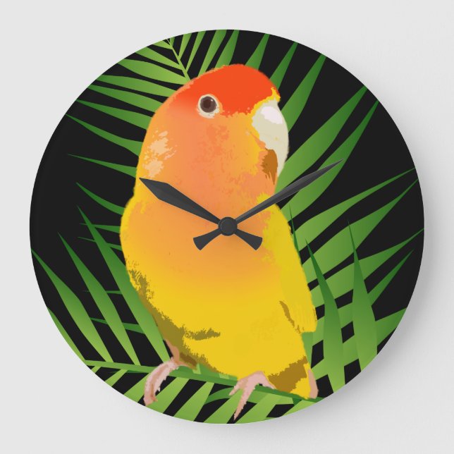 Bright Yellow Lovebird Parrot Green Leaves Black Large Clock (Front)