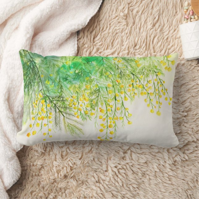 Bright Yellow Mimosa Watercolor Flower Painting Lumbar Cushion (Blanket)