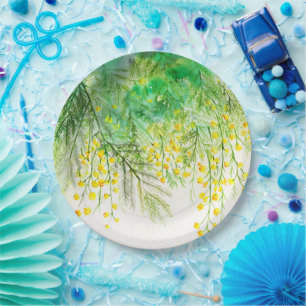 Bright Yellow Mimosa Watercolor Flower Painting Paper Plate