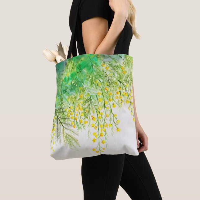 Bright Yellow Mimosa Watercolor Flower Painting Tote Bag (Close Up)