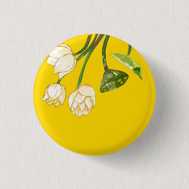 Bright Yellow Modern Lotus Flowers & Seedpod  3 Cm Round Badge (Front)