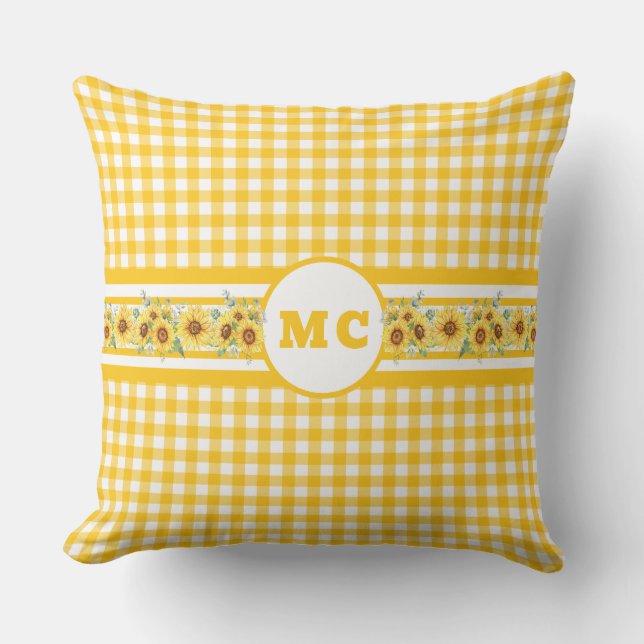 Bright Yellow Monogram Gingham Plaid Sunflower Cushion (Front)