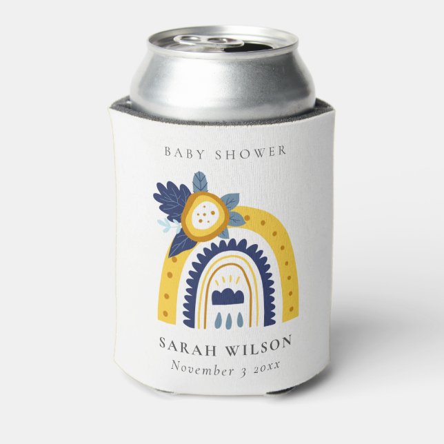 Bright Yellow Navy Boho Floral Rainbow Baby Shower Can Cooler (Can Back)