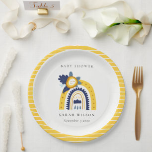 Bright Yellow Navy Boho Floral Rainbow Baby Shower Paper Plate