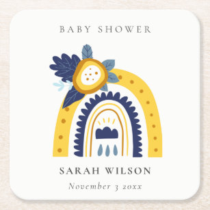 Bright Yellow Navy Boho Floral Rainbow Baby Shower Square Paper Coaster