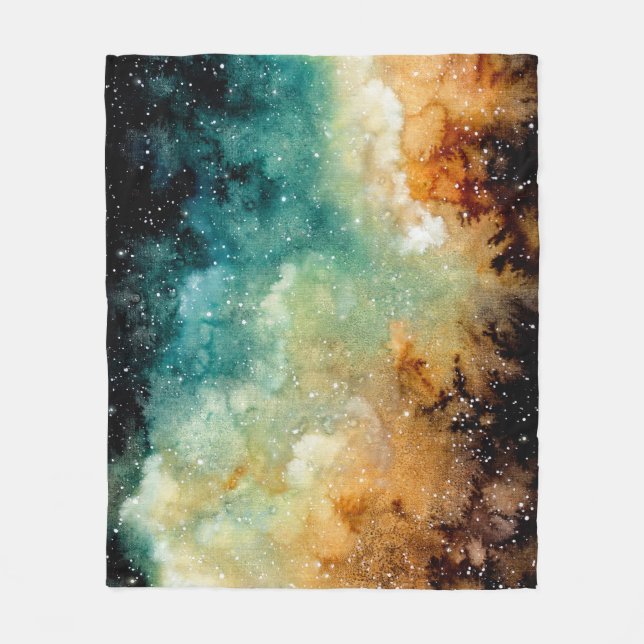 Bright yellow nebula, watercolor dark sky. fleece blanket (Front)