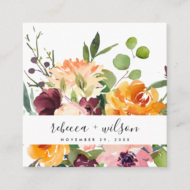 BRIGHT YELLOW ORANGE FLORA BUNCH WEDDING WEBSITE SQUARE BUSINESS CARD (Front)