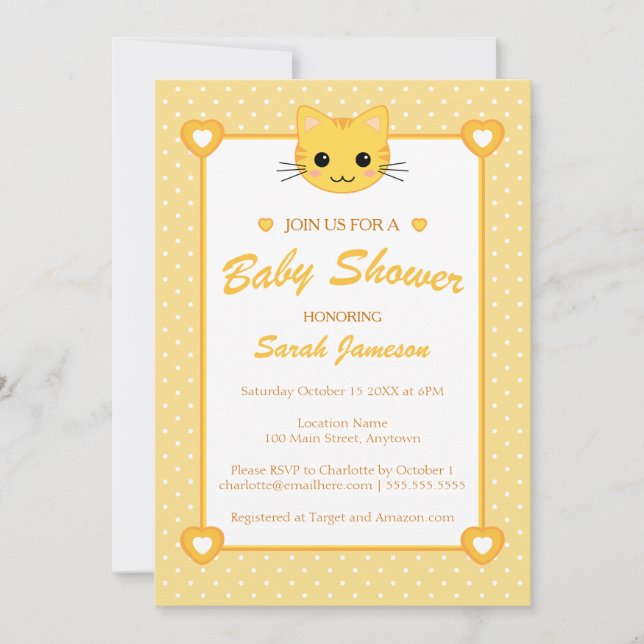 Bright Yellow Orange Neutral Cute Cat Baby Shower Invitation (Front)