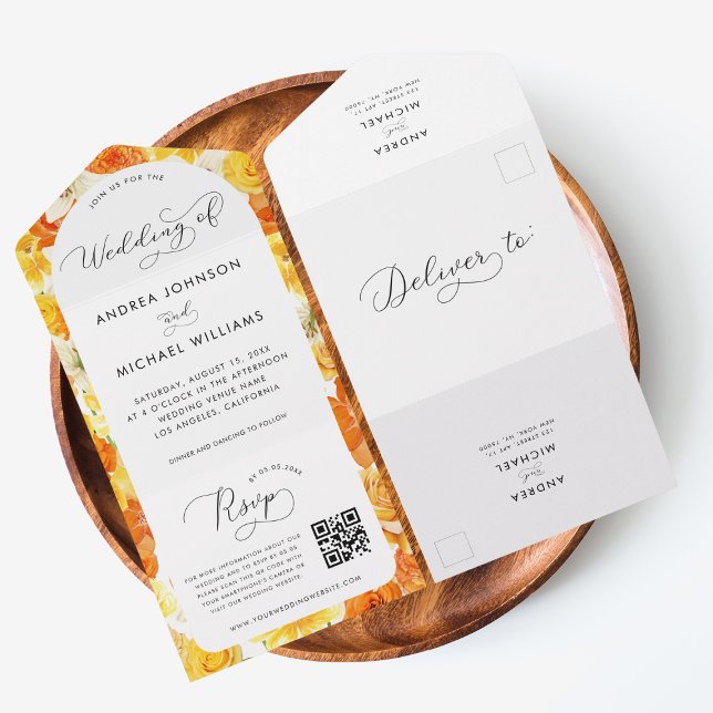 Bright Yellow Orange Summer Floral QR Code Wedding All In One Invitation (Creator Uploaded)