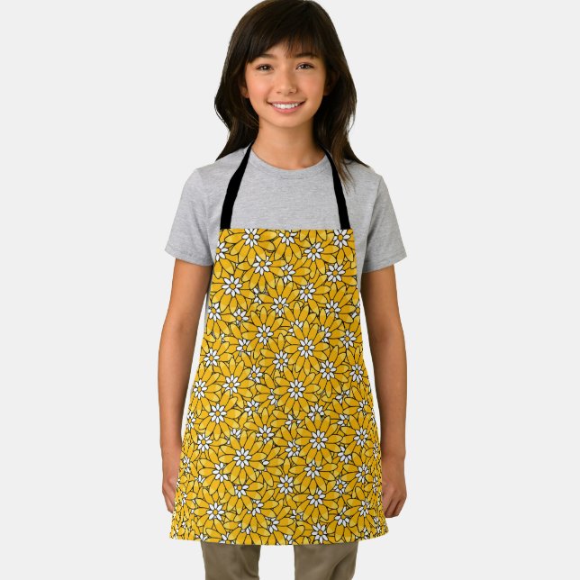 Bright Yellow Overlapping Floral Pattern Apron (Insitu)