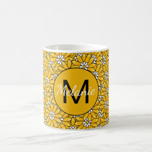 Bright Yellow Overlapping Floral Pattern Coffee Mug