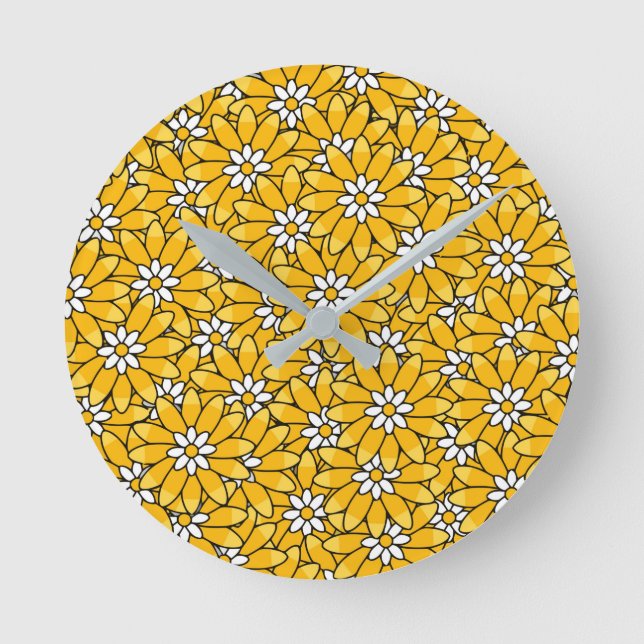 Bright Yellow Overlapping Floral Pattern Round Clock (Front)