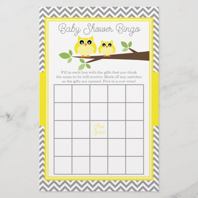 Bright Yellow Owl Grey Chevron Baby Shower Bingo (Front)