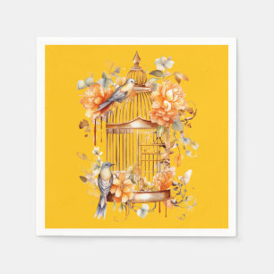 Bright Yellow Peach Bronze Birdcage Shower Napkin