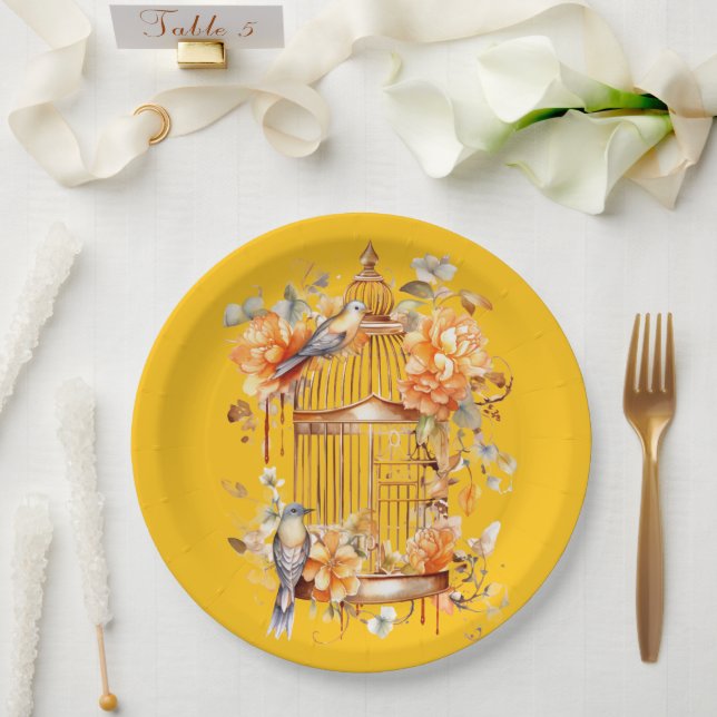 Bright Yellow Peach Bronze Birdcage  Shower Paper Plate (Wedding)