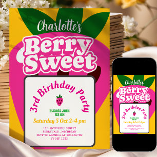 Bright Yellow Pink Strawberry Berry Sweet Birthday Invitation