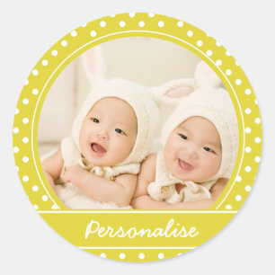 Bright Yellow Polka Dot Custom Photo and Name Classic Round Sticker