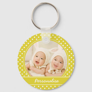 Bright Yellow Polka Dot Custom Photo and Name Key Ring