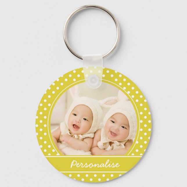 Bright Yellow Polka Dot Custom Photo and Name Key Ring (Front)