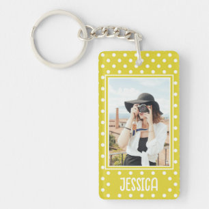 Bright Yellow Polka Dot Custom Photo and Name Key Ring