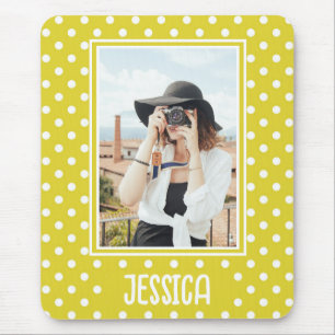 Bright Yellow Polka Dot Custom Photo and Name Mouse Mat