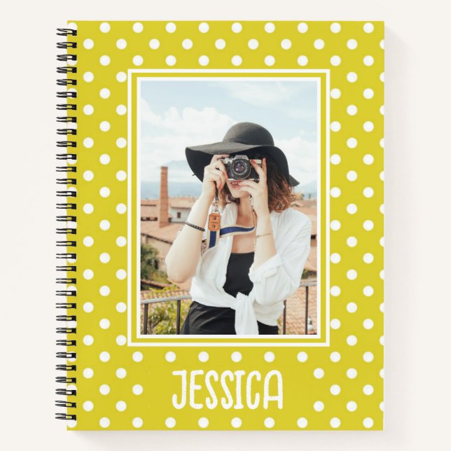 Bright Yellow Polka Dot Custom Photo and Name Notebook (Front)
